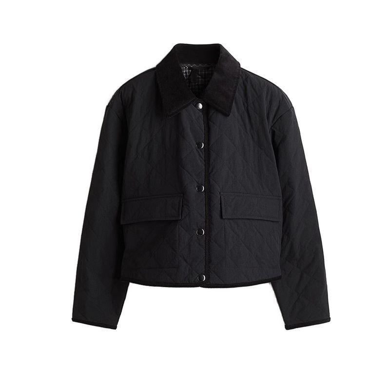 

New Fall Women s Clothing French Corduroy Quilted Nylon Idle Style Lapel Jacket 1298259 Black L