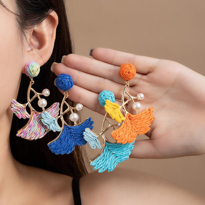 Dopamine Colored Leaves Hand-Woven Raffia Earrings Women'S Vacation Wind Sweet Temperament Unique Earrings Earrings