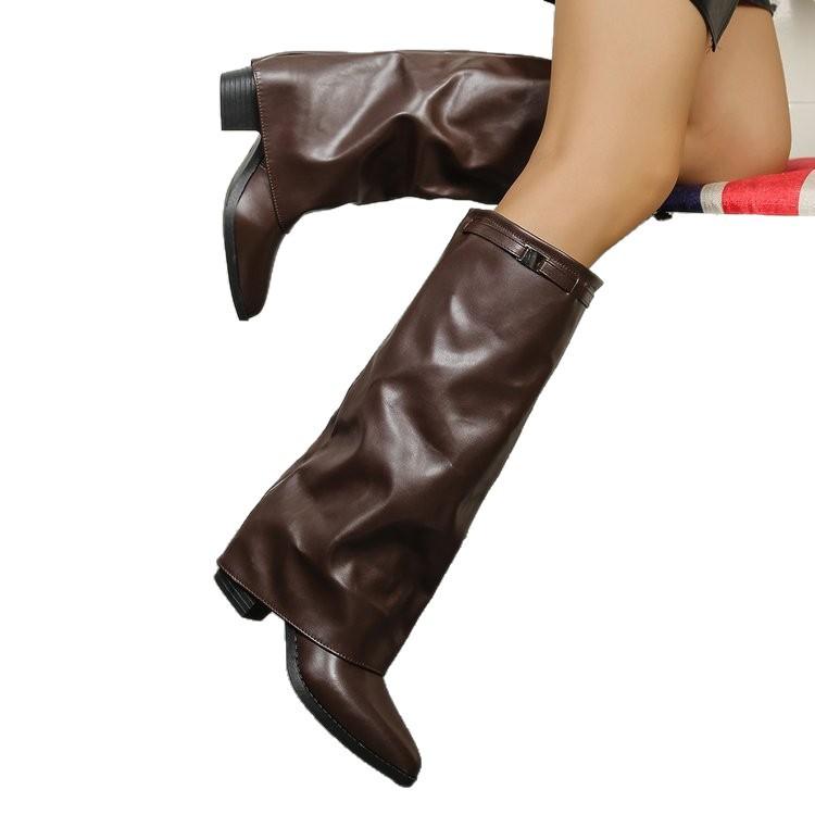 Large size pleated high-heeled fashion boots for women 2025 autumn and winter new thick-heeled British style high-leg pants boots for women