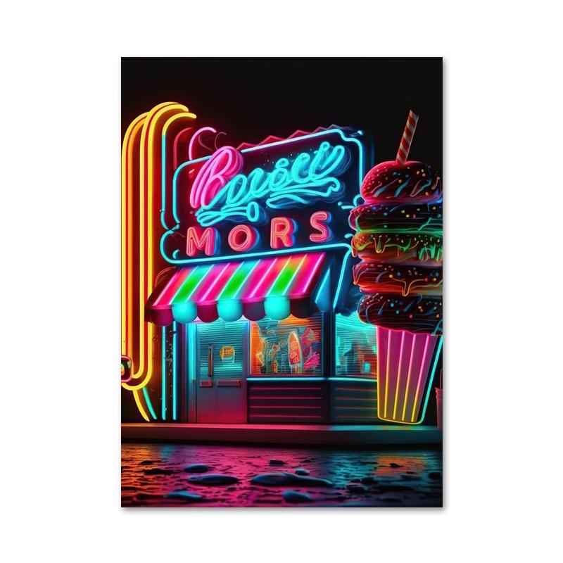 Colored Neon Lights Food and Beverage Posters Prints Hamburger Pizza Fruit Canvas Paintings Wall Art for Kitchen Home Decor