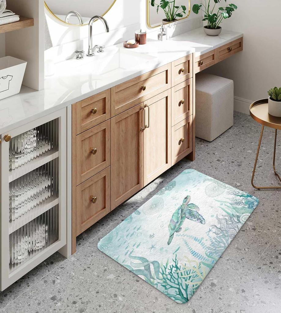 Tropical Sea Turtle Bath Mat for Bathroom Rug Ocean Coral Print Absorbent Waterproof Nautical Home Decor Spa Runner