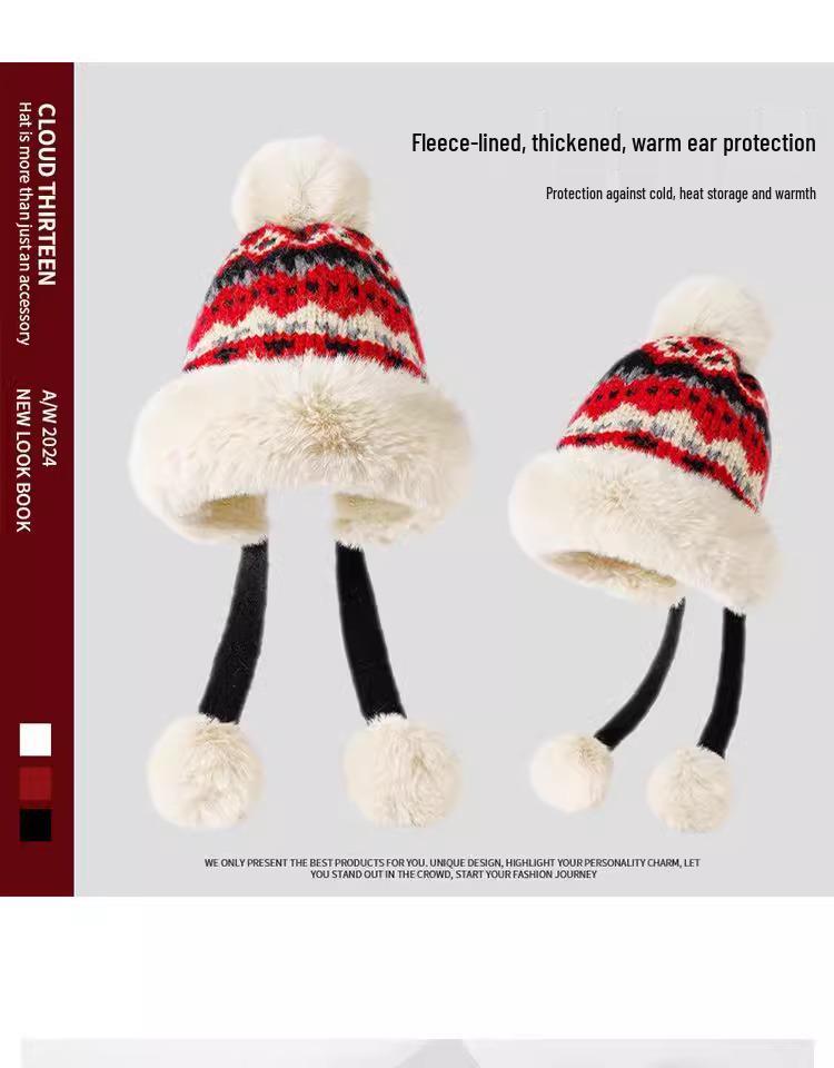 Women's Retro Ethnic Style Plush Knitted Hat – Warm, Thick, and Cold-Proof with Sweet Pompom and Ear Protection for Autumn & Winter