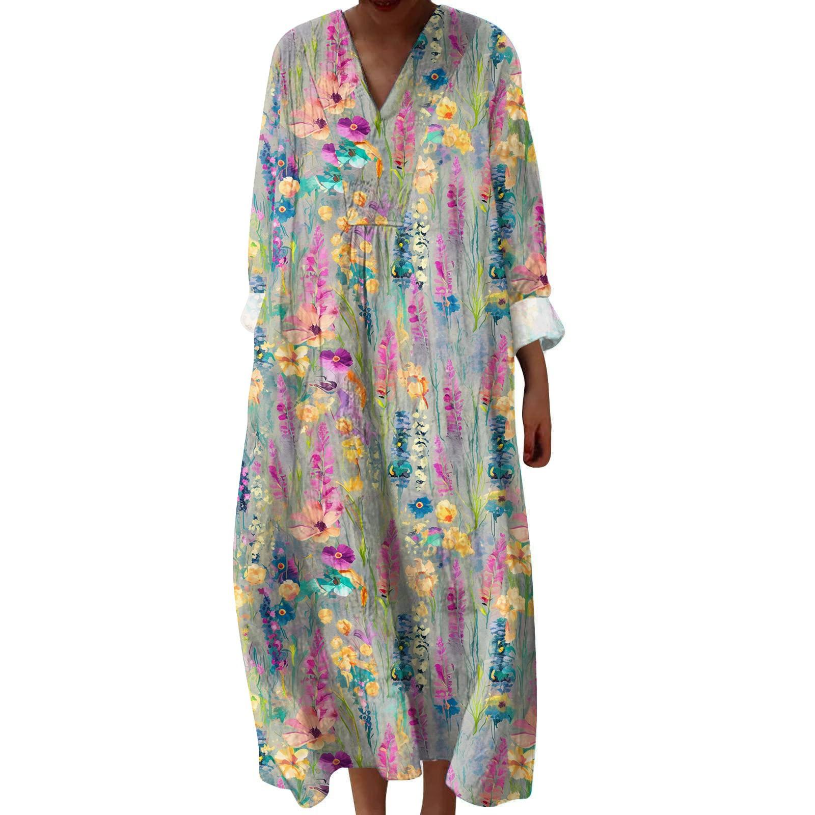 

Женское повседневное и модное платье с V-образным вырезом и цветочным принтом, с длинным рукавом XXL горячий розовый