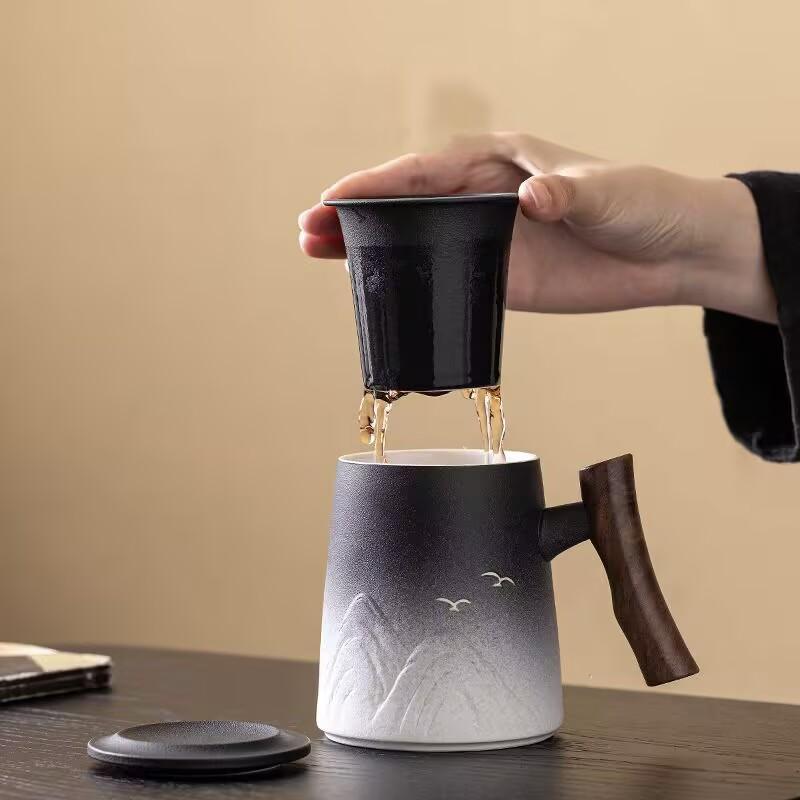 Embossed Thousand Miles Of Jiangshan Tea Separation Tea Cup Office Cup With Lid Filter Water Cup Personal Special Cup