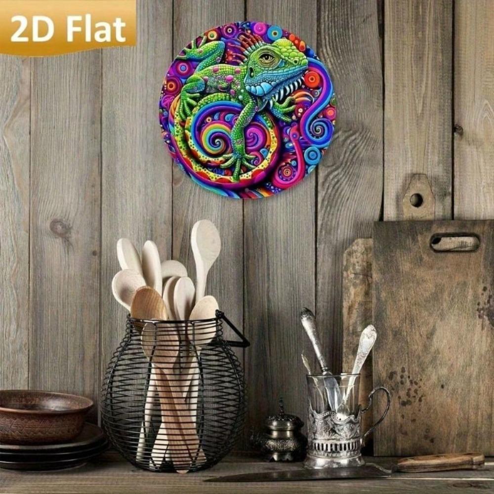 Vintage Metal Chameleon Wall Art Round Aluminum Decor for Living Room Cafe Bar Garden