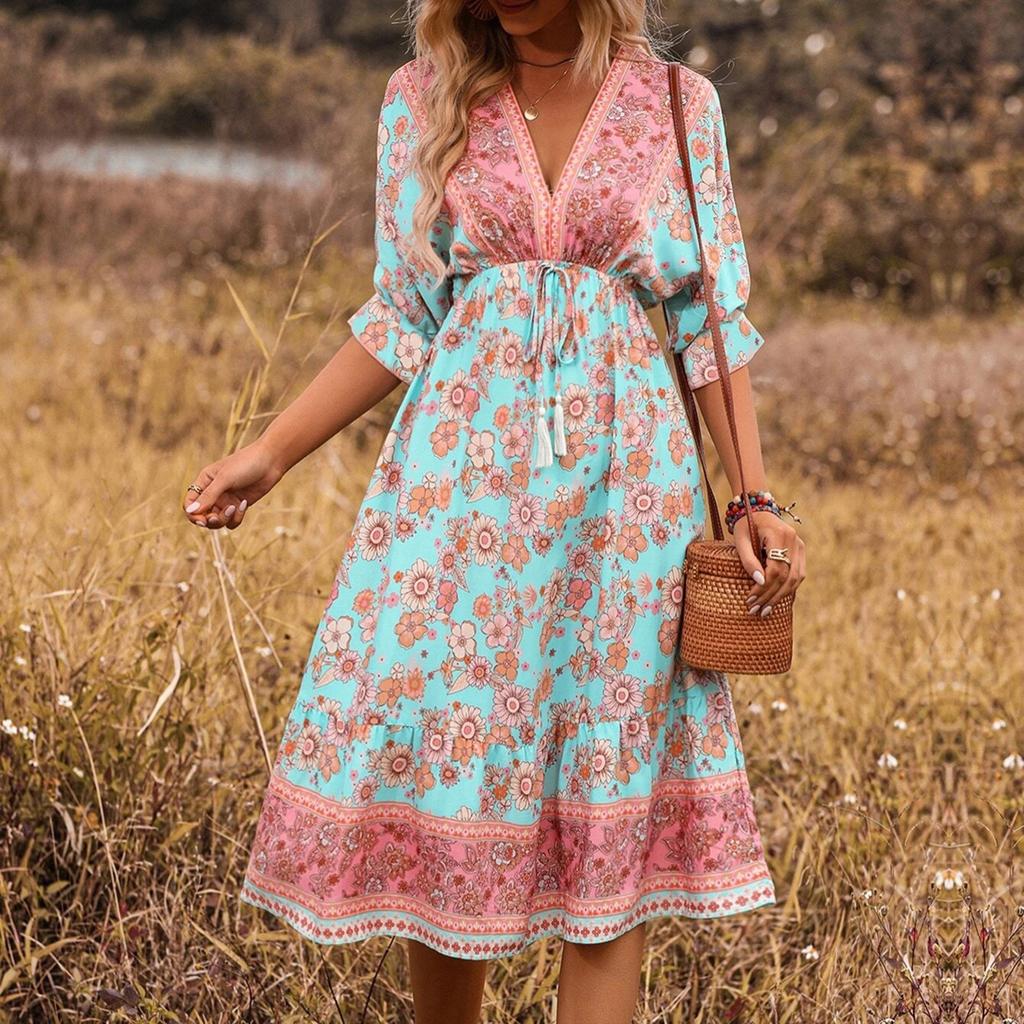 Women's Fashionable V Neck Floral Print 3/4 Sleeved Bohemian Vacation Beach Dress