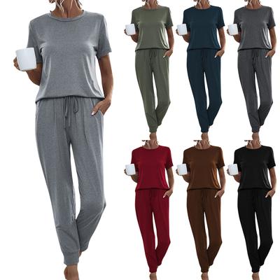 Women's Casual Solid Color Round Neck Short Sleeve Top Pants Home Suit