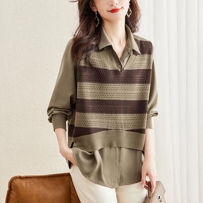 Elegant Faux Twinset Sweater for Women - Chic Long Sleeve Knit Top with Lapel Collar, Perfect for Fall & Winter