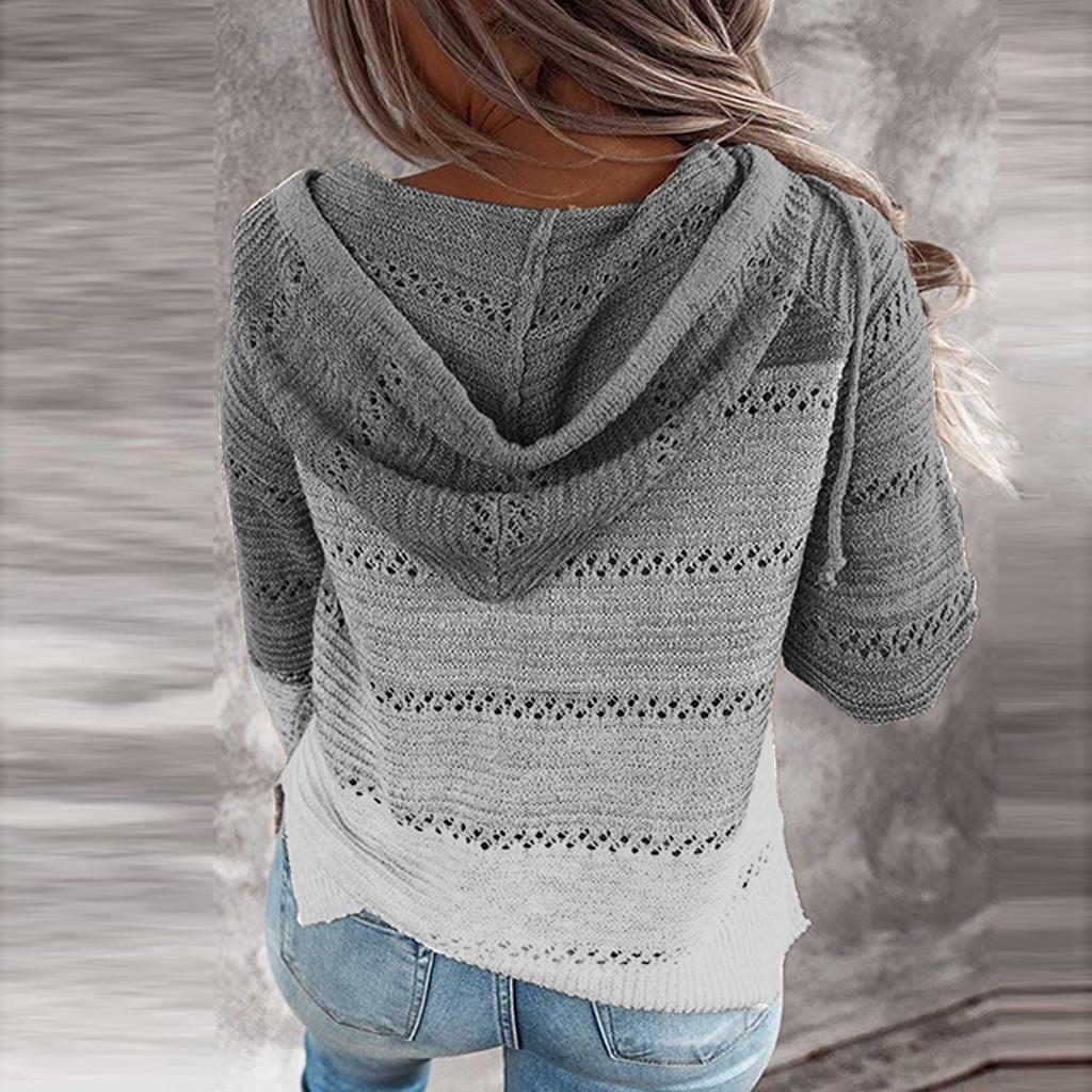 Fashion Women Casual Patchwork Long Sleeves Hooded Sweater Cardigan Blouse Tops