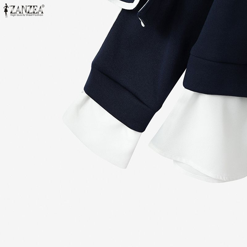 ZANZEA Sweat-shirts décontractés pour femmes à col rabattu, manches longues et patchwork