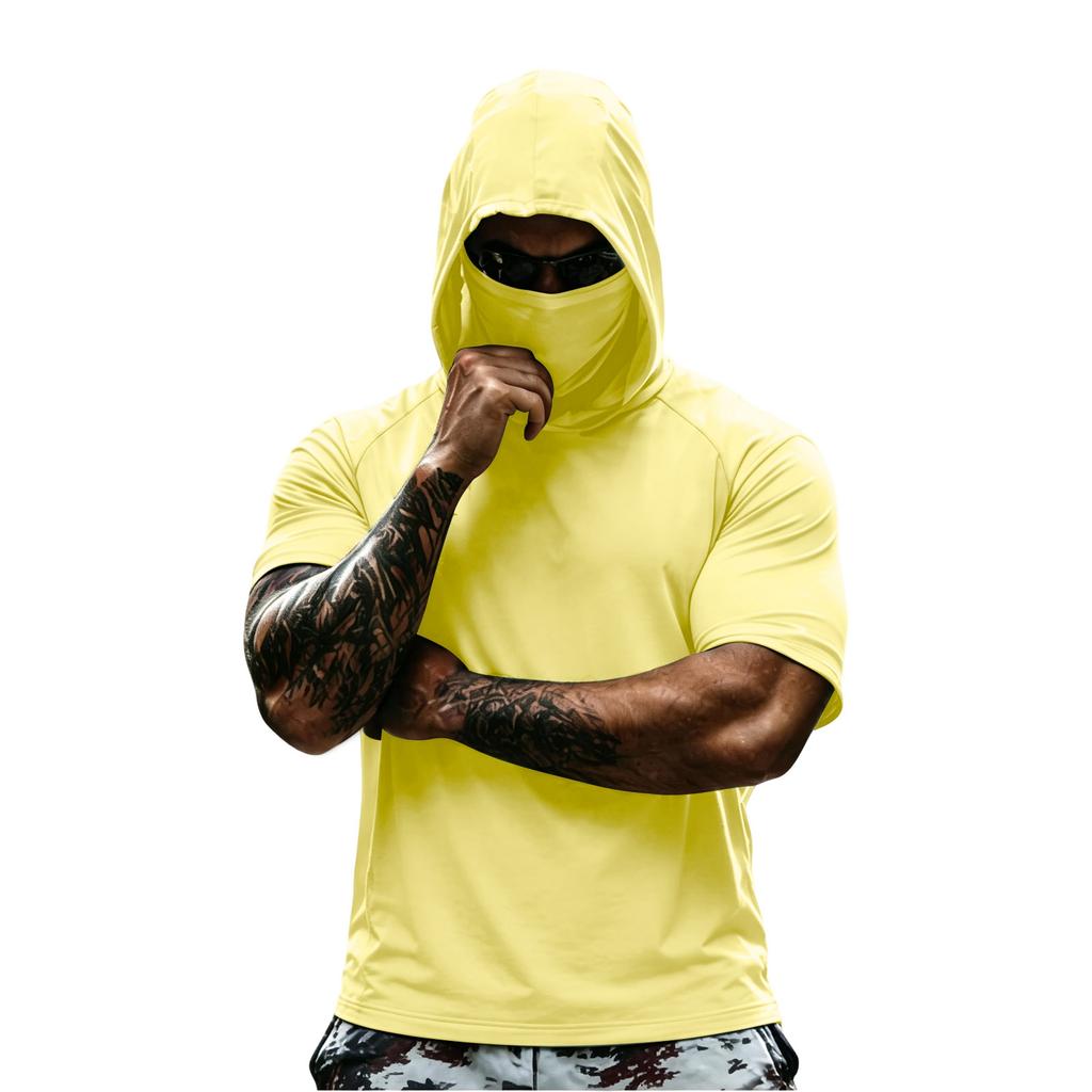 Men Hooded Short Sleeve T Shirt Lightweight Pullover Athletic Workout Top Quick Dry Raglan Tee for Sports Gym Running Training