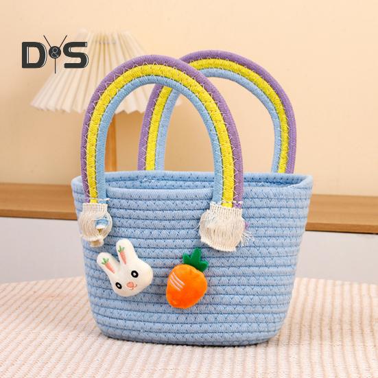 Gewebter Osterkorb mit Griff, gewebter Korb aus Baumwolle für die Eiersuche mit Hase und Karotte, leere Oster-Leckerli-Tasche für Geschenke und Süßigkeiten