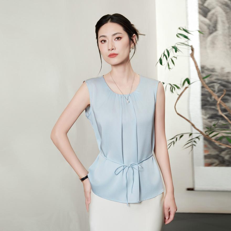 Summer new silk vest women's sleeveless mulberry silk satin lace-up short pleated crew neck top