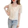 Sommer Neues Spitzen Chiffon Hemd Hohl Kurzhemd für Damen Slim Kurzarm Strickjacke