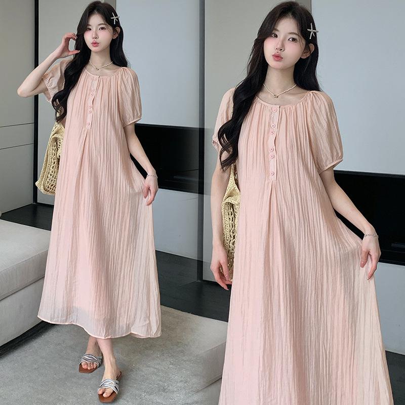 2026 Summer New Maternity Fairy Dress: Simple Round Neck, Loose Fit with Slimming Belt