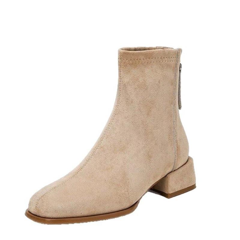 Coarse Heel Suede Martin Boots Women's Autumn and Winter Retro Small Ankle Boots Medium Tube Elastic Skinny Boots Square Head Fashion Short Boots