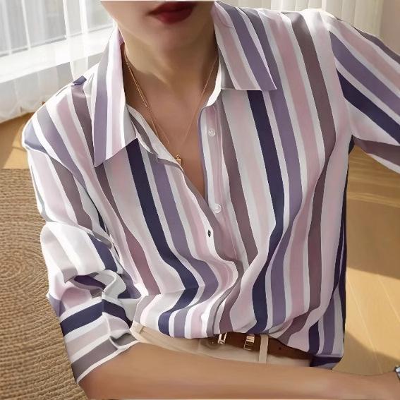 New Rainbow Pattern Chiffon Shirt Fashion Casual Striped Long Sleeve Shirt