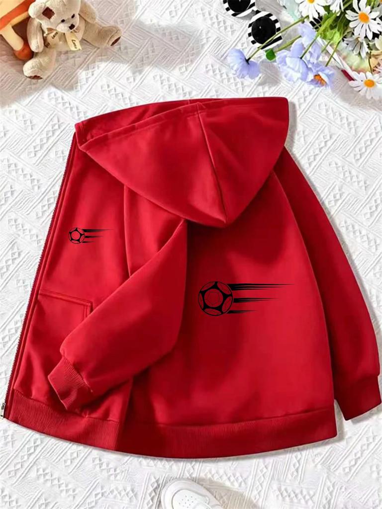 Boys Full Zip Hooded Sweatshirt Simple Racing Football Silhouette Pattern Loose Daily Kids Outerwear With Front Pocket