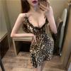 Leopard Print Dress Pajamas Women Korean Basic Classic Vintage Sling Nightdress Lace Bow Suit Homewear