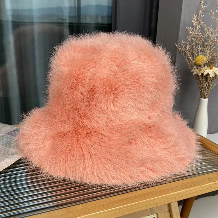 Fluffy Faux Fur Bucket Hats Women Rabbit Fur Warm Thick Plush Winter Hat Lady Fashion Luxury Panama Furry Fisherman Cap Y2K
