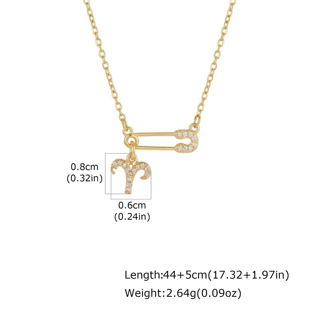 Zodiac Necklace Gold Plated Stainless Steel Chain Safety Pin 12 Constellation Horoscope Pave CZ Pendant Waterproof