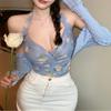 Dámske Sladké Šifónové Potlačené Camis Letné Halter Bez Chrbta Sieťované Tank Topy Vintage Bez Rukávov Štíhle Dobby Základy Crop Top Y2k