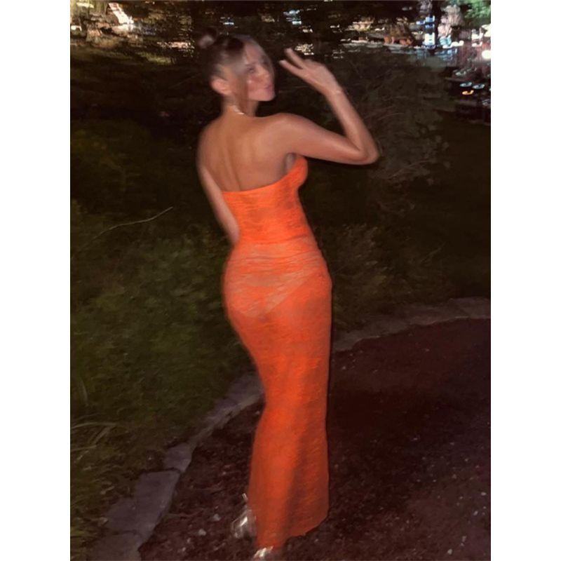 INS Fashion Style 2024 Summer New Arrival Women's Clothing Fashion Sexy Bandeau Lace See-through Slim-Fit Sheath Dress
