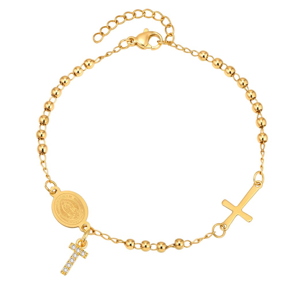 Stainless Steel Rosary Virgin Mary Beaded Bracelets with A-Z Initial Letter Pendant, Gold Plated Religion Jewelry for Women