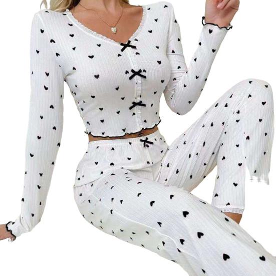 Yousheng Women Lace Trim Pajama Set Long Sleeve V-Neck Front Button Tops Full-Length Pants Sleepwear Nightwear