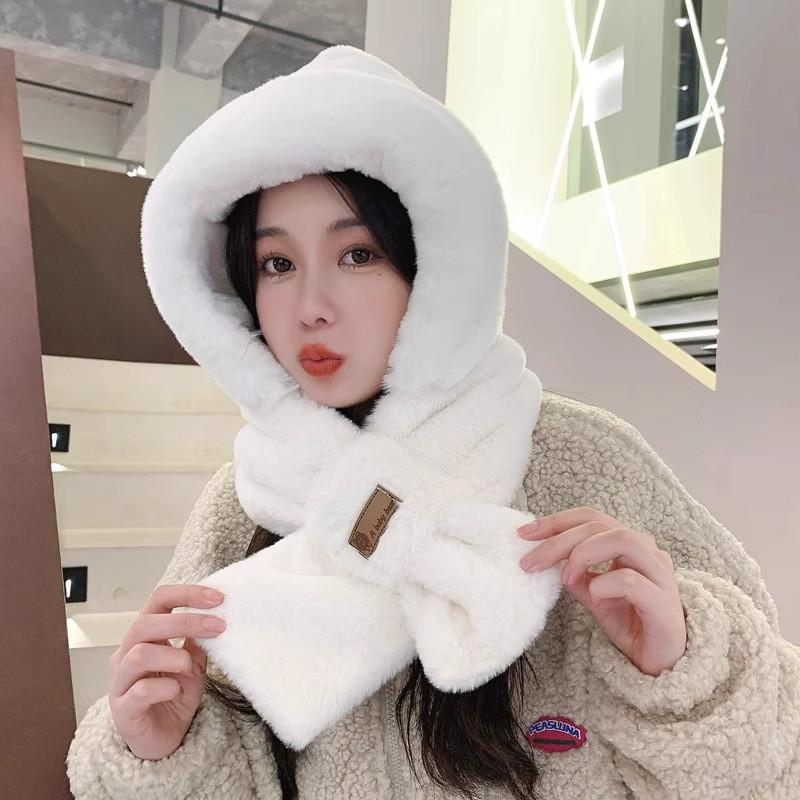 Plush Hooded Scarf For Women With Windproof Neck Cover And Soft Polyester Material