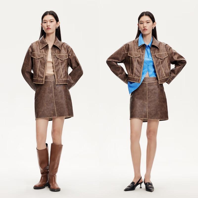 VEROMODA Women's Lapel Contrast Stitch Faux Leather Jacket