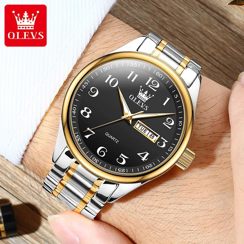 OLEVS Klassische Herrenuhren aus Edelstahl, wasserdicht, leuchtend, Doppelkalenderanzeige, Quarzuhr für Männer