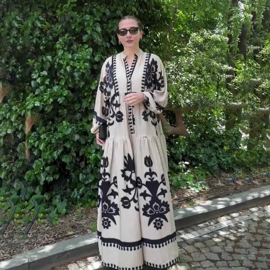 Lady Spring Maxi Dress V Neck Retro Contrast Color Printed Long Sleeves Loose Single-breasted A-line Patchwork Casual Daily Dress