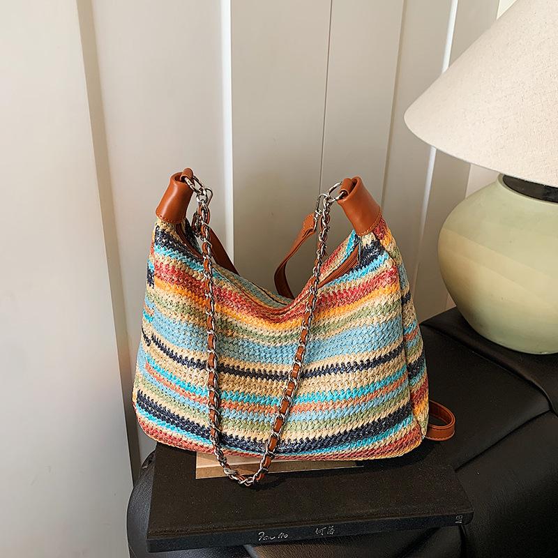 Summer new fashion contrasting color striped bag women's niche design woven bag large capacity shoulder dumpling bag
