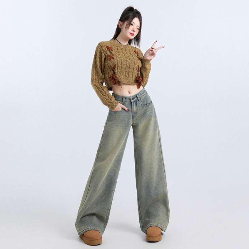 Fleece-Lined American Retro Low-Waist Wide-Leg Bell Bottom Jeans XS