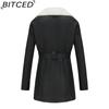 BITCED Autumn/Winter Long-Sleeved Fleece-Lined Leather Jacket for Women with Lapel Collar, Double-Ended Zip and Belted Waist for Warmth