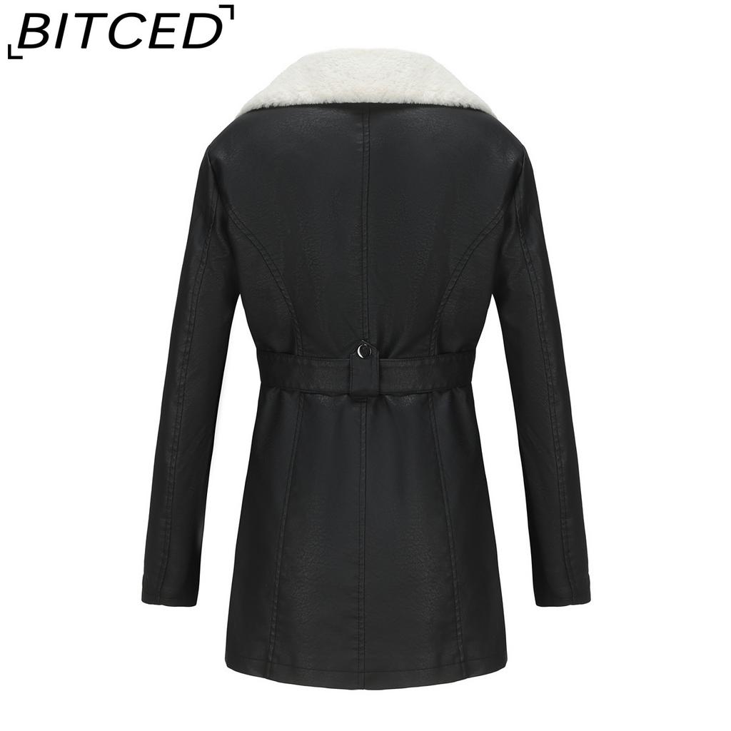 BITCED Autumn/Winter Long-Sleeved Fleece-Lined Leather Jacket for Women with Lapel Collar, Double-Ended Zip and Belted Waist for Warmth