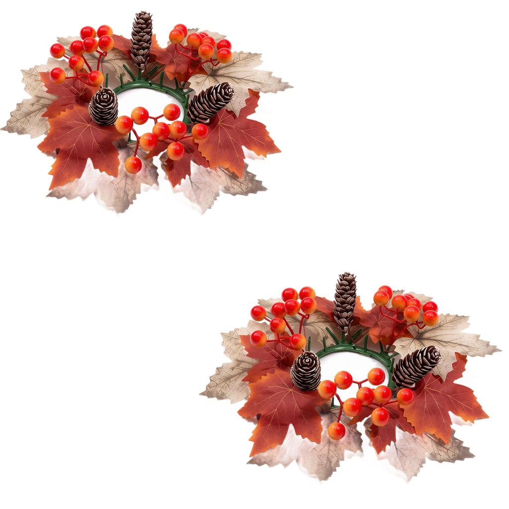2 Piece Artificial Maple Leaf Berry Pinecone Candle Ring Wreath Set for Autumn Table Centerpiece Decor Home Display