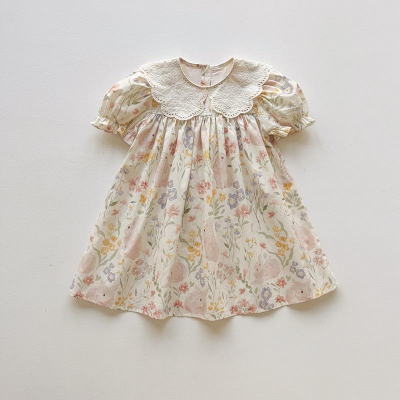 2026 Summer French Cartoon Print Lace Collar Girls' Princess Dress - Short Sleeve