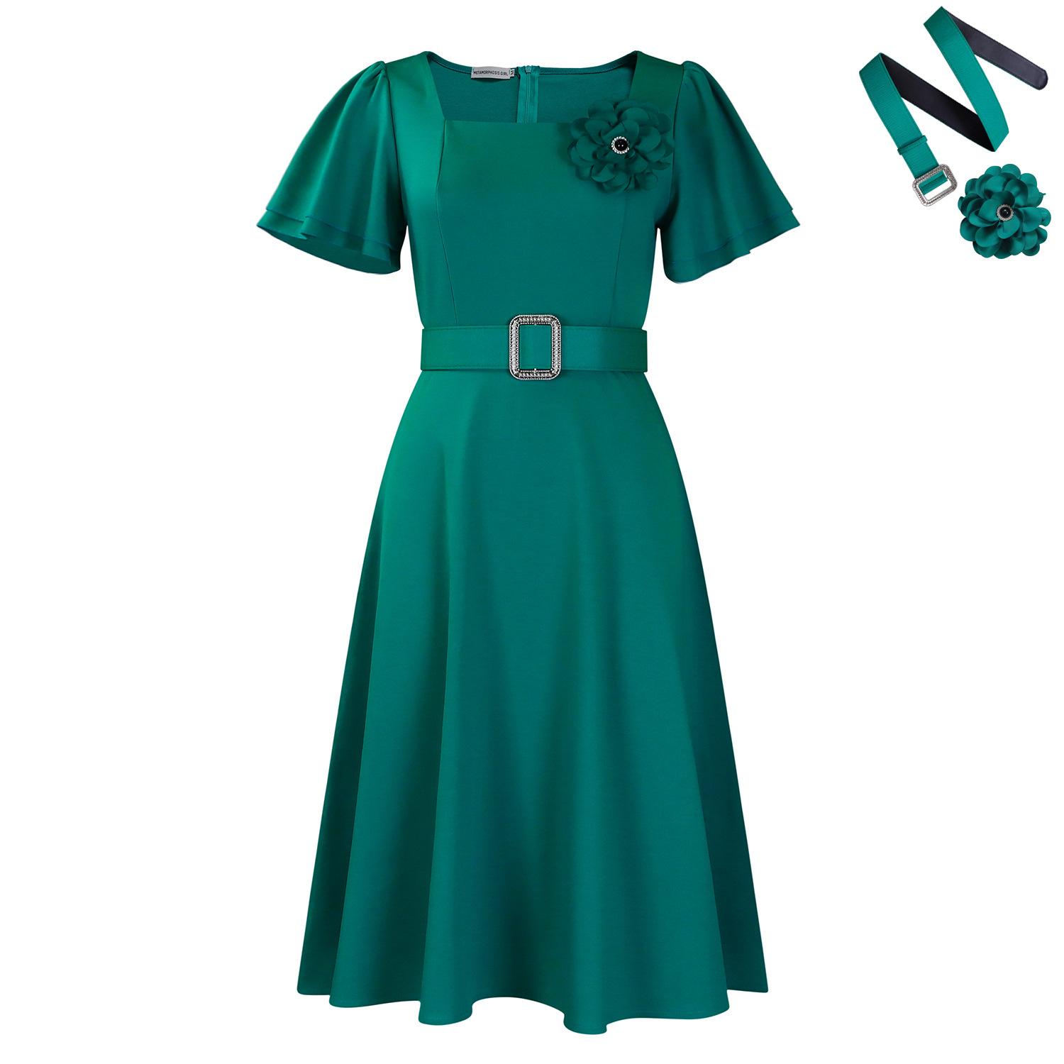 Women Square Neck High Waist Solid Color Trumpet Short Sleeve A Line Midi Dress S