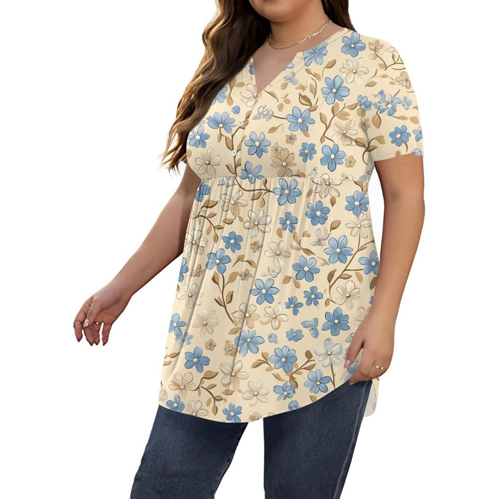 Women's Print Large Size  V Neck Button-Up Top Casual Short Sleeve Flowy Top