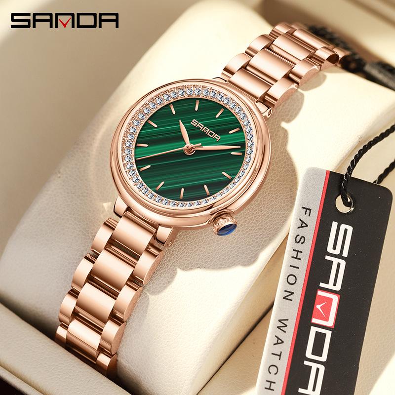 Women's Sanda Round Quartz Wristwatch - Elegant, Diamond-Accented, Light Luxury, Waterproof.
