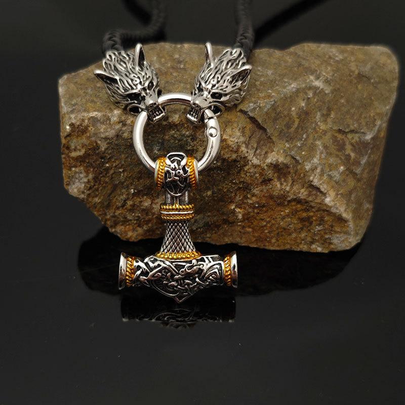 Nordic Viking Leather Necklace Crafted Hammer Celtic Wolf Head Necklace Men's Long Jewelry