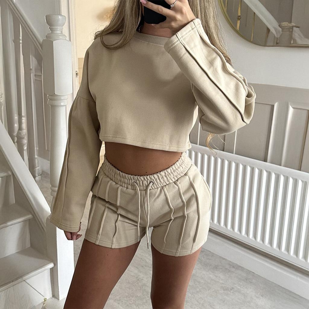 Dam 2-delade Outfits Rosa Croppad Topp Långärmad Tröja Högmidjade Shorts Loungewear Set