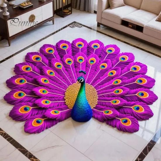 High-density Woven Mat Floor 3D Peacock Print Soft Non-Slip Decorative Rug Colorful Home Living Room Bedroom Doorway Easy Clean Carpet Artistic