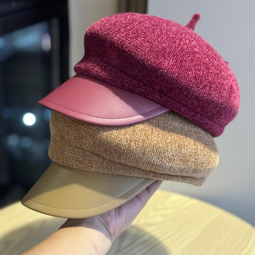 The New British Style Retro Leather Edge Patchwork Octagonal Hat with Wide Brim Makes Women Look Good in Spring and Autumn. Pointed Hat Trend