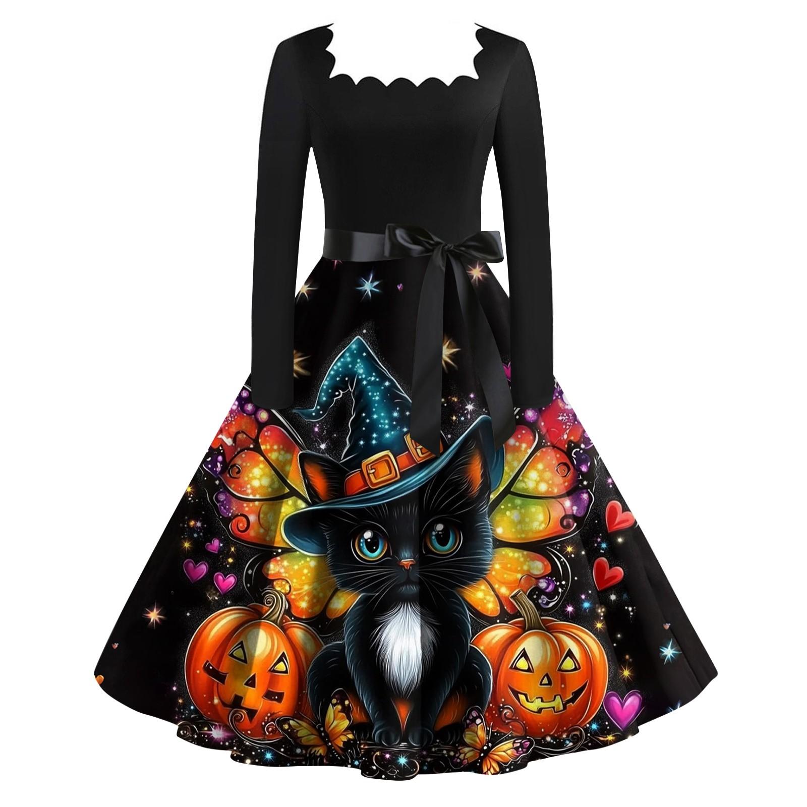 

Женское модное ретро вечернее платье с длинным рукавом и квадратным вырезом с принтом на Хэллоуин XXXXL