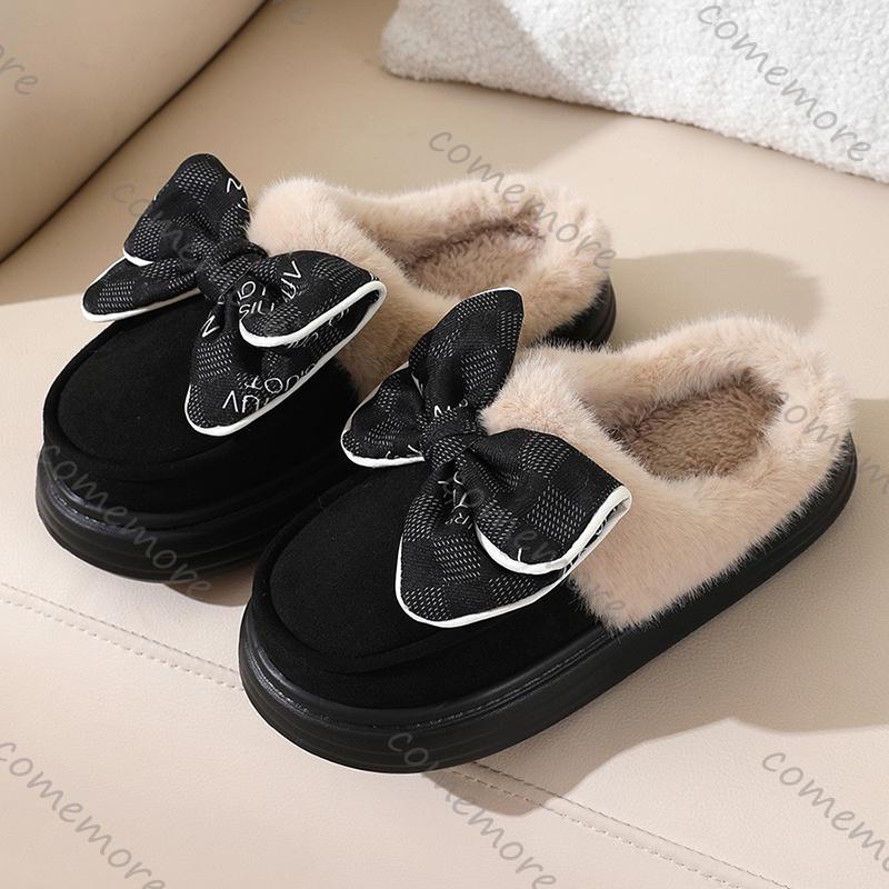 Fashion Comemore Bow Women Winter Toe Wrap Warm Solid Cotton Slippers Thick Soft Sole Slides Femmer Indoor Floor Flat Home Slipper Shoes
