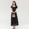 Women’s 2026 Summer Floral Midi Dress - French Waist-Cinched, Lace Trim, Square Neck