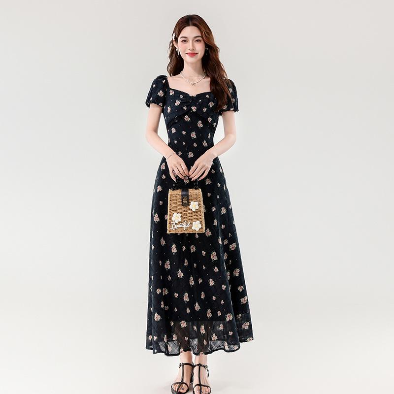 Women’s 2026 Summer Floral Midi Dress - French Waist-Cinched, Lace Trim, Square Neck